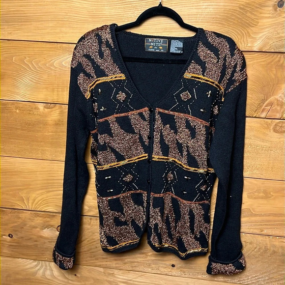 N8tive nits womens long sleeve sweater L button-down sande &‎ Jo bead cardigan - Picture 1 of 8